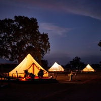 Three tents lit up from within, glowing orange against a dark night sky
